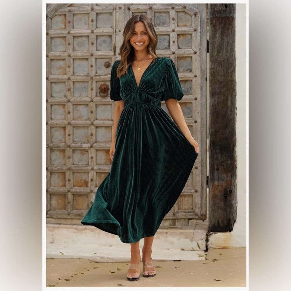 Sissyaki Velvet Formal Long Emerald Green Dress Ribbed Texture XL NWT - Picture 3 of 9